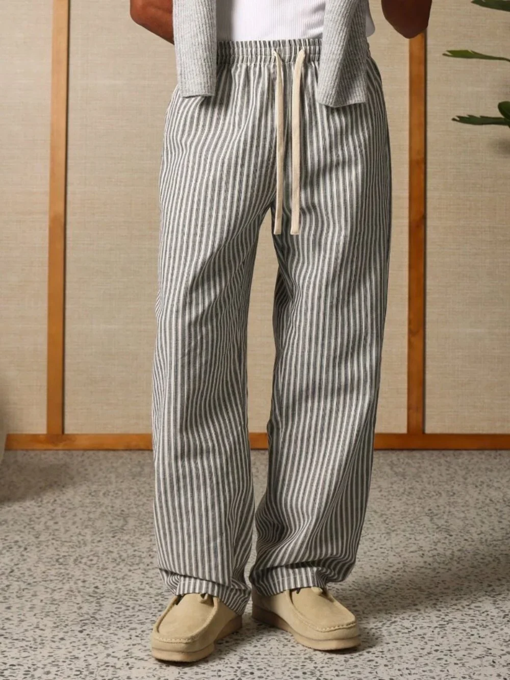 Grey Striped Men's Loose Elastic Waist Straight Lounge Pants